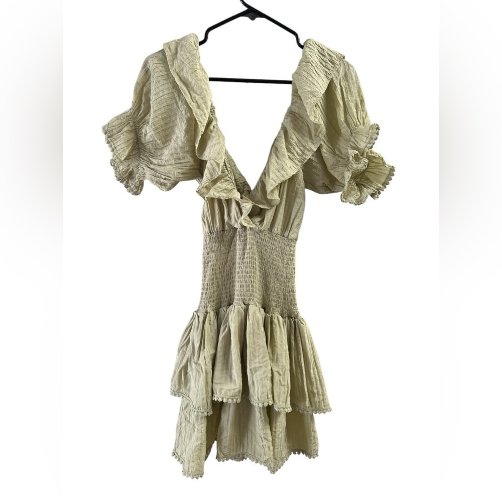 Sage green ruffled mini puff sleeve dress